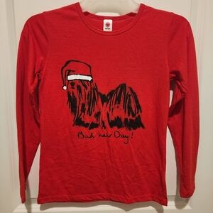 Total Girl "Bad Hair Day" Long Sleeve Tee Christmas Santa Dog Size Medium 10/12